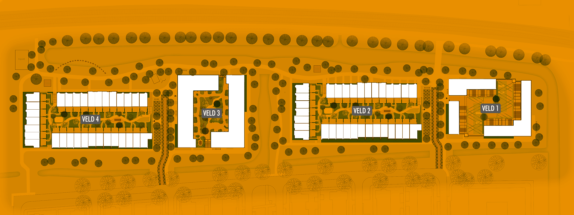 Plattegrond met velden 1 tot 4 en bomen.