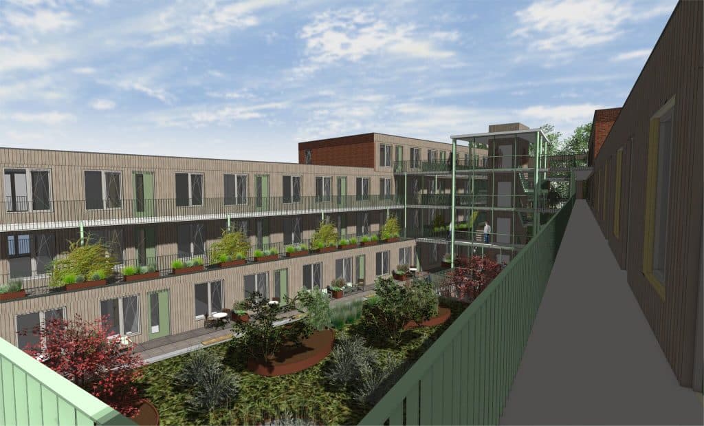 Moderne woningen met dakterras en planten.