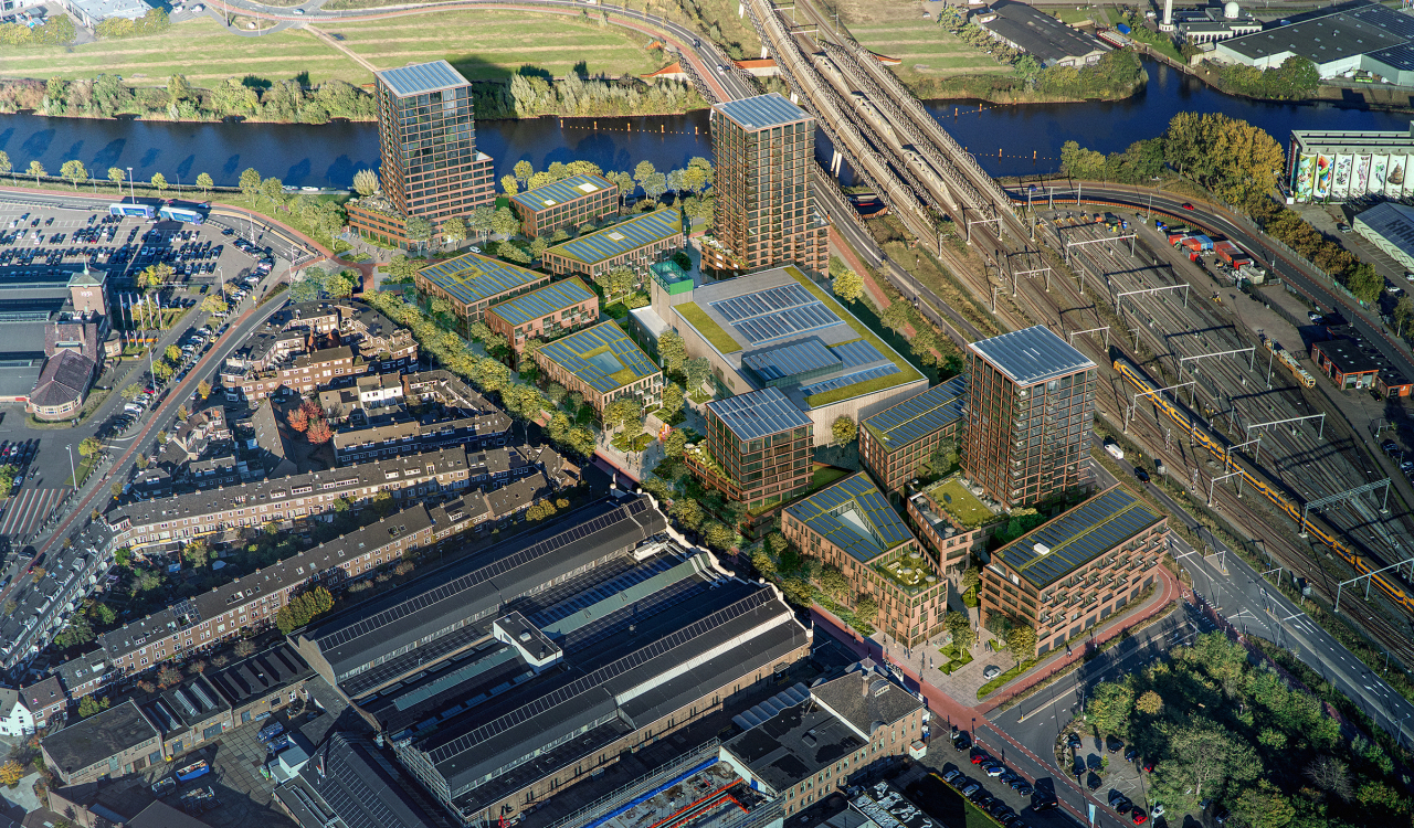 Luchtfoto van stedelijk gebied met gebouwen en treinen