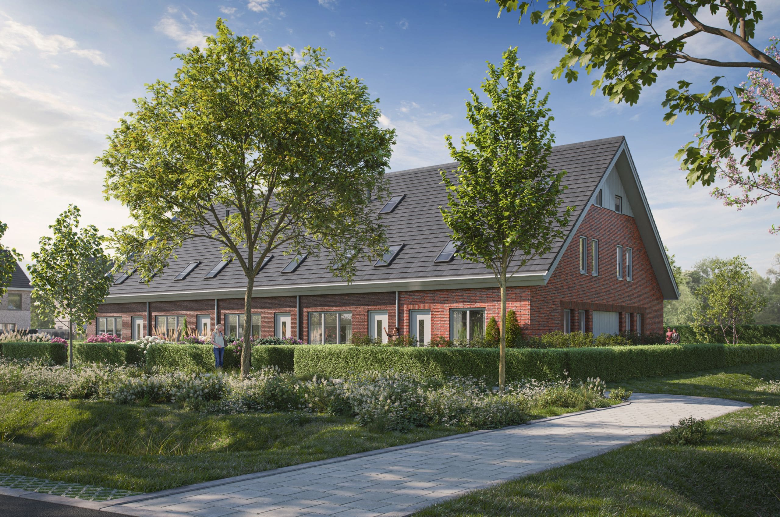 Rijtjeshuis met tuin en bomen in de buurt.