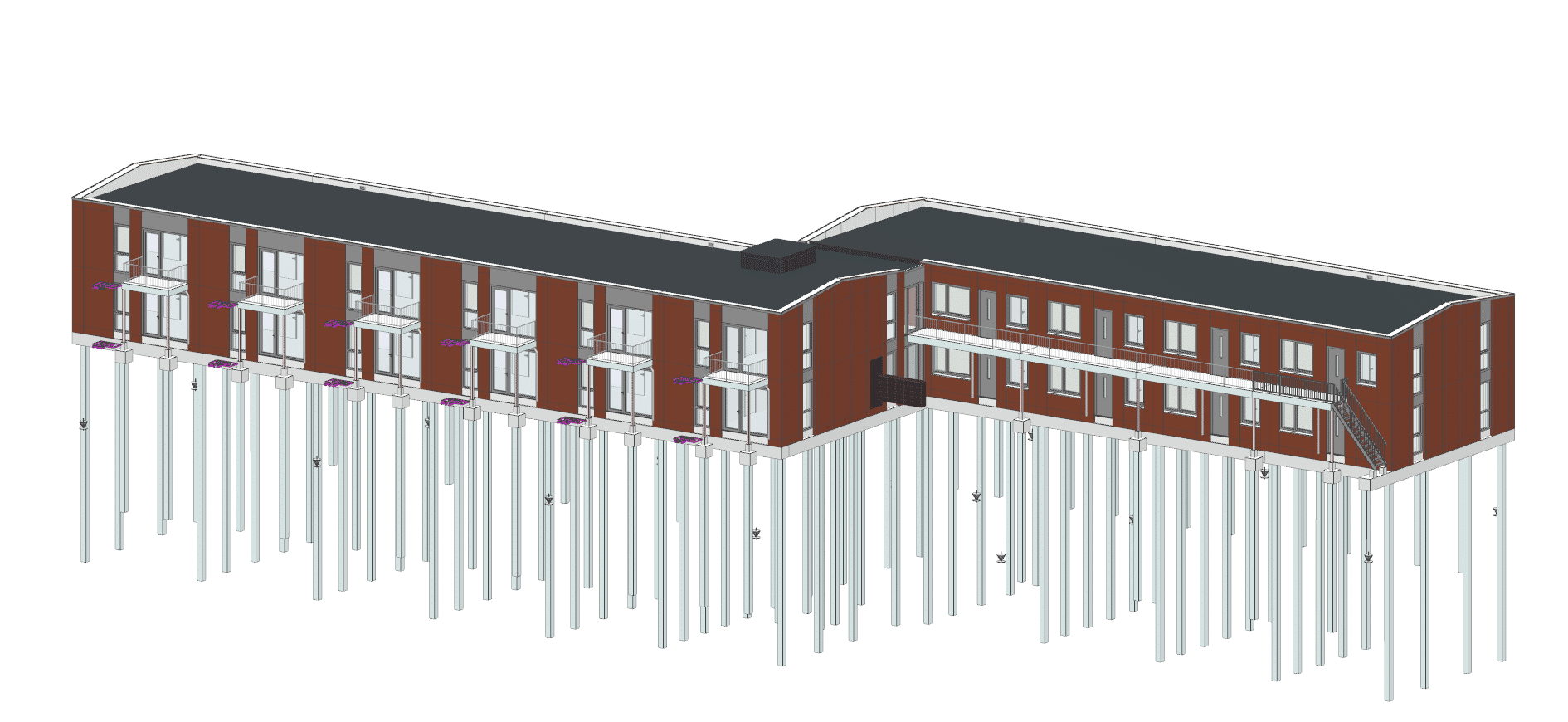 3D-model van verhoogd gebouw op palen.