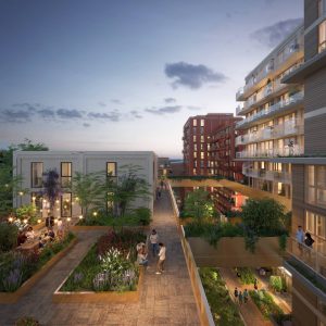 Gemeenschappelijke tuin op dakterras bij zonsondergang.