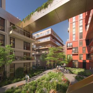 Moderne stedelijke binnenplaats met groen en mensen.