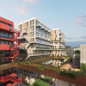Moderne appartementen met balkons en groene dakterrassen.