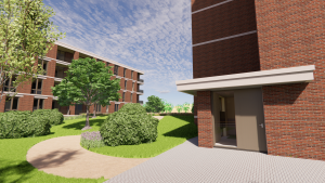 impressie nieuwbouw 4 Moderne gebouwen met tuinpad en groene omgeving.